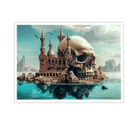 CHERHERART Arte mural de lienzo de castillo gótico con calavera gigante arte surrealista de la isla flotante cartel de lienzo para la cueva del hombre decoración oscura de Halloween 30x40cm sin marco