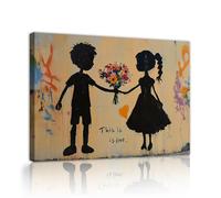 CHERHERART Arte mural de lienzo de pareja de amor flores coloridas póster ilustrado silueta romántica decoración de pared con estampado de arte callejero para dormitorio marco interior 80x130cm