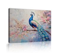 CHERHERART Arte mural de lienzo de pavo real Plumas coloridas Árbol floral Pintura al óleo Decoración de estampas Elegante arte de lienzo para salón 75x100cm Marco interior
