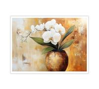 CHERHERART Arte mural de lienzo Póster de jarrón de lujo con lámina de oro Flor de orquídea blanca Ilustración para comedor Cocina Salón 87x118cm Sin marco