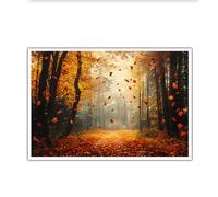 CHERHERART Arte mural de luz cálida para salón Estampados en lienzo del sendero dorado del bosque otoñal para pasillos Hojas rojas cayendo Fotos murales 80x120cm sin marco