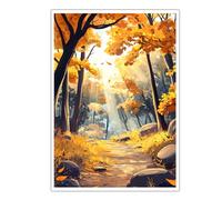 CHERHERART Arte mural de otoño para salón Fotos del sendero del bosque otoñal Dibujos de arte Rayos de sol dorado Grabados murales para dormitorio oficina 80x135cm sin marco