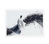 CHERHERART Arte mural en lienzo grabados de pintura con tinta china con lavado figura minimalista de ondas Feng Shui oriental cartel de lienzo imagen para salón 50x75cm sin marco
