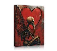 CHERHERART Cuadro de pared de lienzo de amor gótico alas de esqueleto cuadros de corazón rojo grabados de pinturas para comedor café San Valentín 60x80cm Marco interior