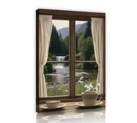 CHERHERART Gran arte mural Vista de la ventana en cascada Lienzo Arte mural Paisaje natural Patrones de tazas de café Pósters de lienzo para dormitorio Salón 25x40cm Marco interior