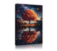 CHERHERART Póster vintage Árbol de Otoño con lienzo mural Árbol de fantasía junto al lago con estampado de lienzo estrellado Hojas otoñales Imagen para salón 25x40cm Marco interior