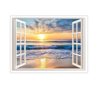 CHERHERART Ventana a la playa Vista del amanecer Póster de lienzo Olas del mar Sol Lienzo costero Decoración para salón Dormitorio Comedor 85x110cm Sin marco