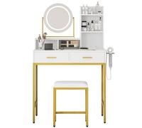 CherishCradle Tocador con Espejo Giratorio y Luces LED, Tocador de Maquillaje con Luz Ajustable de 3 Colores, Toma de Corriente y Heces, 2 Cajones y 5 Compartimentos de Almacenamiento Abiertos