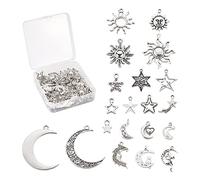 Cheriswelry 100 colgantes de plata antigua con diseños sol, luna y estrella, 20 estilos, dijes mixtos celestiales para joyería y manualidades