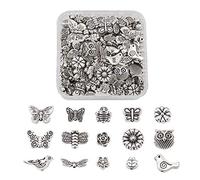 Cheriswelry - 150 cuentas espaciadoras de plata tibetana, diseño de mariposas, búho, pájaro, libélula, abejas, cuentas sueltas para hacer joyas, agujero: 1-2 mm