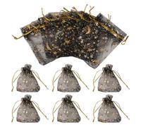 Cheriswelry 30 bolsas transparentes de organza con cordón negro de 9 x 7 cm, estampado de estrellas de luna, bolsas de almacenamiento para fiestas de Navidad, dulces, regalos de postre