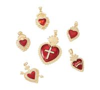 Cheriswelry 6 dijes de latón con forma de corazón sagrado rojo con circonita cúbica, colgantes de corazón gótico sagrado, corona de cruz, dijes de latón para manualidades, joyas, collares, proyectos