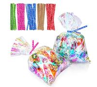 Cherodada 100 bolsas de celofán holográfico iridiscente de 5 x 7 pulgadas con lazos giratorios de 5 colores, buenas para celebraciones, baby showers, bodas, fiestas de cumpleaños
