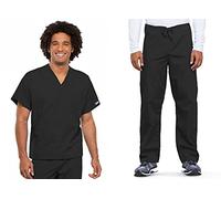 Cherokee Conjunto de uniforme médico para hombres y mujeres de ajuste tradicional con cuello en V 4777 con pantalón cargo con cordón de tiro natural 4100, Negro -, S Top / S Pant
