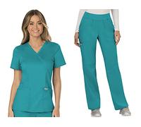 Cherokee Workwear Revolution WW610 - Conjunto de ropa quirúrgica para mujer y pantalón recto de tiro medio WW110, Azul Teal, XXS Top / XXS Pant