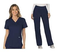 Cherokee Workwear Revolution WW610 - Conjunto de ropa quirúrgica para mujer y pantalón recto de tiro medio WW110, marino, X-Small Top / Small Petite Pant