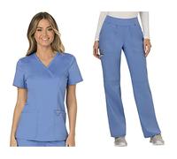 Cherokee Workwear Revolution WW610 - Conjunto de ropa quirúrgica para mujer y pantalón recto de tiro medio WW110, ciel, M Top / M Pant