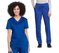 Cherokee WW657 - Conjunto de uniforme médico para mujer con cuello en V y pantalón médico de tiro medio con cordón y pierna cónica, WW105, azul rey - XL Top/pantalón XL