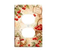Cherries - Placa de pared dúplex con diseño de cesta rústica de flores de plástico rojo de verano, tamaño estándar, doble toma de corriente para dormitorio, baño, cocina, decoración de entrada