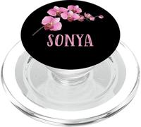 Cherry Blossom Black Pink Flower Monogram Name Sonya PopSockets PopGrip para MagSafe