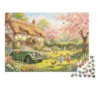 Cherry Blossom Yard Puzzle 1000 Piezass Recycled Material Spring Cottage Puzzles for Boy & Girl Ages 6 Years Up Juego Educativo Challenge Parent Child Toy 38x26cm/1000pcs