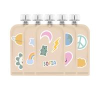 Cherub Baby Bolsas reutilizables para alimentos para bebés, 5 unidades, 150 ml, 141.7 g + 130 calcomanías de imágenes y letras, permanentes, antiderrames, sin BPA, a prueba de fugas, yogur, puré de