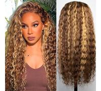 Chesma Peluca de cabello humano con malla frontal de 28 pulgadas, color rubio miel HD de 13 x 4 pulgadas, ondulado profundo 4/27, sin pegamento, cabello humano preliminar