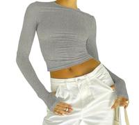 Chesoon Top corto de manga larga suave Slim Fit Daily Strick Tops, gris, S