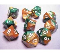 Chessex Dice Sets: Gemini Gold & Green with White - Ten Sided Die d10 Set (10)
