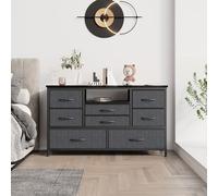 Chest of Drawers, Fabric Dresser with 8 Fabric Drawers & LED Lights & Power Outlets, Sturdy Metal Frame Storage Organizer, Closet, Wood Tabletop Tall Dresser for Guest Room, Entryway, Living Room