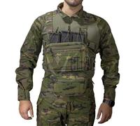 Chest rig Modelo Flink MK1 en Camuflaje boscoso español pixelado para Airsoft y Militares de la Marca Corso. con Capacidad para 6 Cargadores y múltiples Accesorios