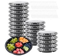 CHEUKYIU 20 platos para servir con 6 compartimentos y tapa, capacidad de 1500 g, bandeja de servir de plástico negro para fruta, preparación de comida