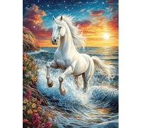 Cheval Blanc au Coucher de Soleil Sur l'océan Puzzle 500 Piezas Cartón Blanco Premium para Coleccionistas Mitos fantásticos Entrenamiento Memoria Hobby Colección Regalo Original 500 PC