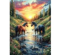 Chevaux se rencontrant dans le ruisseau au coucher de soleil Puzzle 500 Piezas Cartón Resistente Para Toda La Familia Mitos fantásticos Diversión Familia Mejora Concentración Calidad Profesional Regal