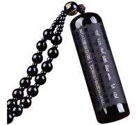 Chewtoyo Collar con colgante de sutra de corazón de obsidiana para hombres y mujeres, joyería de obsidiana negra natural con sutra de corazón chino tallado a mano, colgante cilíndrico con cuentas y