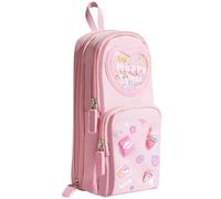 Chewtoyo Estuche para lápices rosa con soporte para bolígrafos de pie, organizador de doble cierre de gran capacidad, estuche de papelería de lona con Happy Times y calcomanías Kawaii, incluye 5