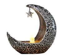 Chewtoyo Vela plateada con estrella, luz LED de luna creciente de 4.1 pulgadas, tema de Halloween, adorno de escritorio que funciona con pilas, luz de vela musulmana para decoración de Ramadán Eid