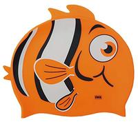 CHEX Gorro de natación de silicona elástica unisex para niñas de 3 a 7 años de una pieza, gorro de natación con estampado de peces a rayas, diseño de doble aleta, talla única, color naranja