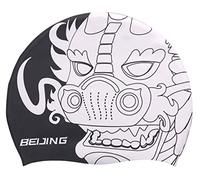 CHEX Gorro de natación de silicona elástico unisex para mujeres y hombres, de una pieza, diseño de estatua de león de Pekín, talla única, para adultos, fácil de poner, color negro y blanco