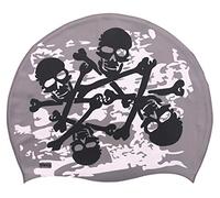 CHEX Gorro de natación unisex de silicona elástica para mujeres y hombres, gorra de natación de piratas, calavera y huesos cruzados, diseño divertido, talla única, para adultos, fácil de poner