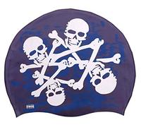CHEX Gorro de natación unisex de silicona elástica para mujeres y hombres, gorra de natación de piratas, calavera y huesos cruzados, diseño divertido, talla única, para adultos, fácil de poner (morado