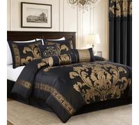 Chezmoi Collection 7-Piece Jacquard Floral Comforter Set Bed-in-a-Bag Set, Queen, Black Gold