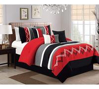 Chezmoi Collection Arden - Juego de edredón Moderno Plisado Bordado a Rayas en Zigzag (Queen, Rojo/Negro/Gris/Blanco Roto)