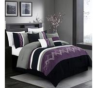 Chezmoi Collection Arden - Juego de Ropa de Cama, edredón Moderno Plisado a Rayas Bordadas en Zigzag de 7 Piezas (Matrimonio, Morado/Negro/Gris/Blanco)