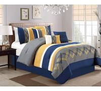 Chezmoi Collection Arden - Juego de Ropa de Cama, edredón Moderno Plisado a Rayas Bordadas en Zigzag de 7 Piezas (King Extragrande, Azul Marino/Gris/Amarillo/Blanco)