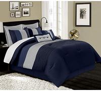 Chezmoi Collection Loft - Juego de Ropa de Cama de Lujo a Rayas de 8 Piezas (California King, Azul Marino/Gris/Azul)