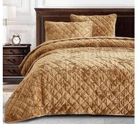 Chezmoi Collection Lux - Juego de edredón de terciopelo dorado caramelo de gran tamaño, 3 piezas, ropa de cama de terciopelo envejecido de felpa para todas las estaciones, edredón ligero de microfibra