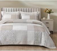 Chezmoi Collection Quinn Juego de edredón de 2 Piezas, diseño de Retazos a Rayas de Flores de Hibisco, Color Neutro, Gris Topo y Blanco, algodón Prelavado, Reversible y Ligero, tamaño Individual