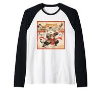Chibi Asiático Chino Guerrero Gato - Miau Kung Fu Vintage Art Camiseta Manga Raglan
