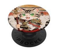 Chibi Asiático Chino Guerrero Gato - Miau Kung Fu Vintage Art PopSockets PopGrip Adhesivo